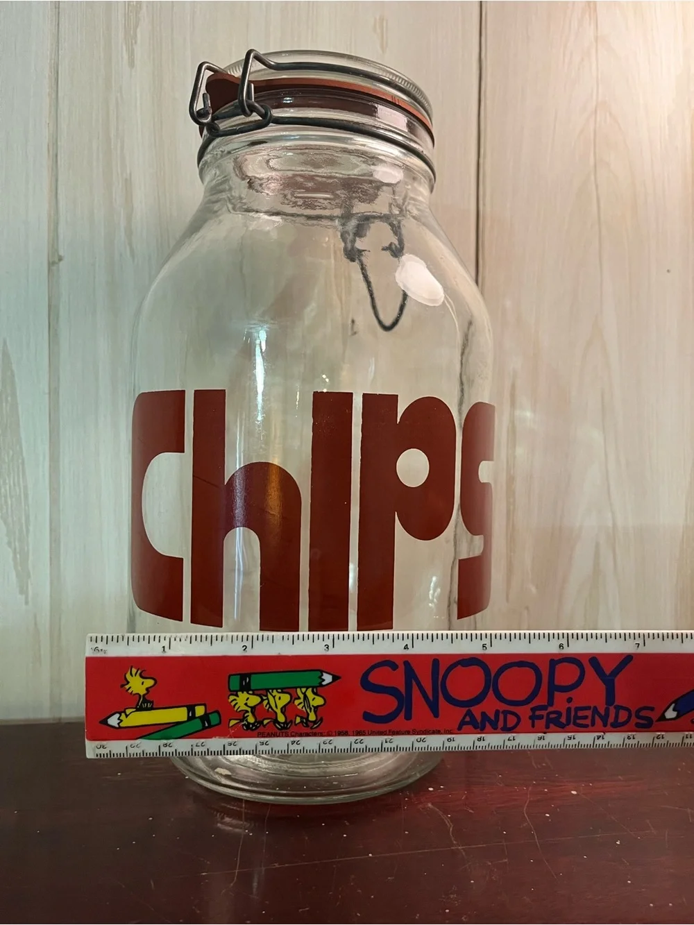 Vintage 'chips' Glass Storage Jar with Clamp Lid - Brown Lettering